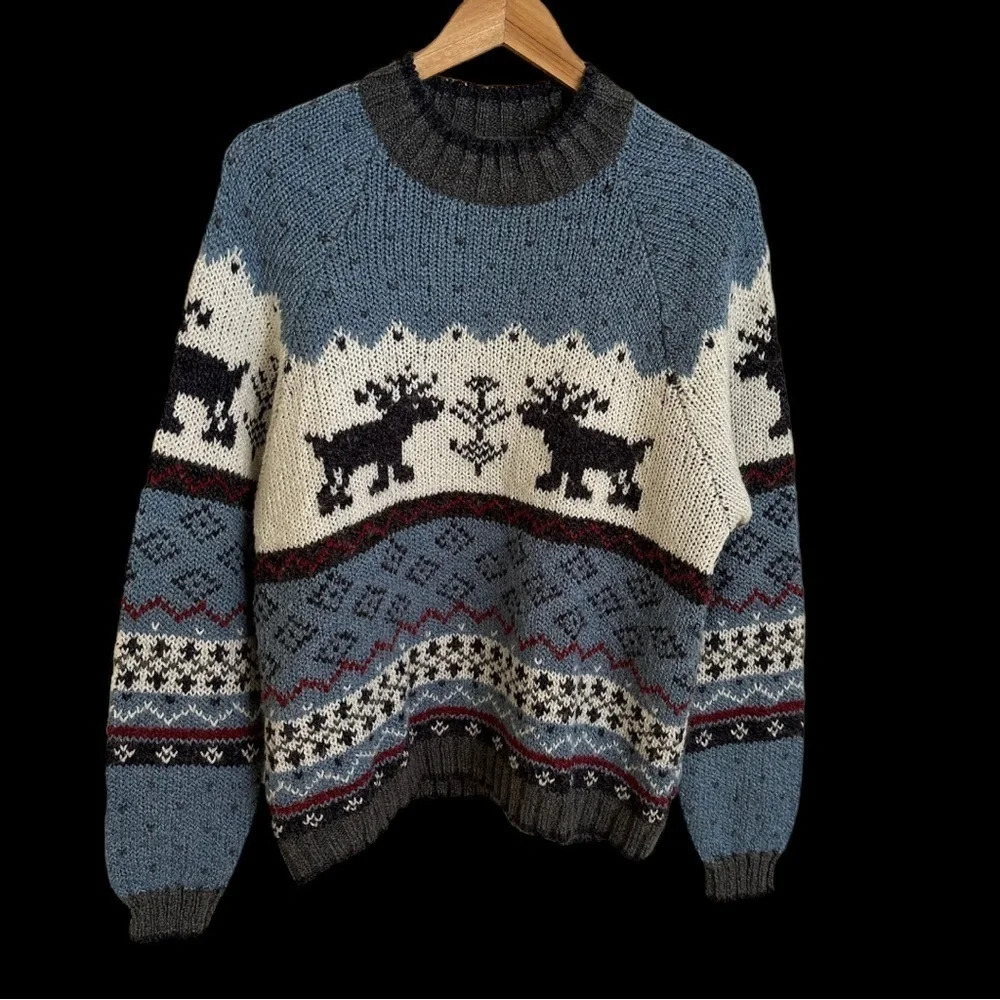 Vintage Baxter & Wells XL‎ Blue Reindeer Fair Isle Mockneck Sweater Cozy Winter